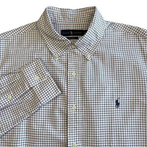 Polo Ralph Lauren Button Down Dress Shirt Mens L Custom Fit White Red Navy Check